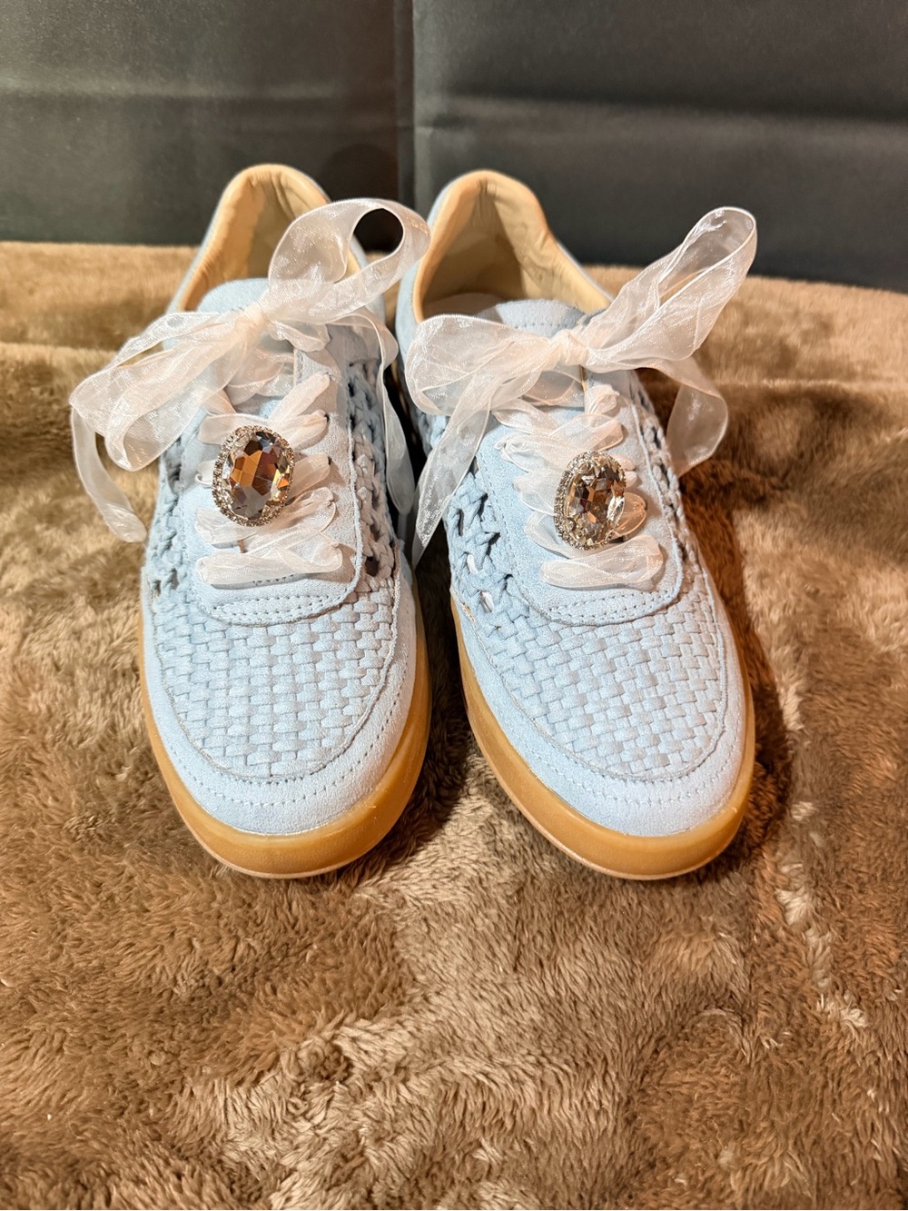 Mimi Miim Women’s Light Blue Woven Sneakers with Crystal Lace Accent